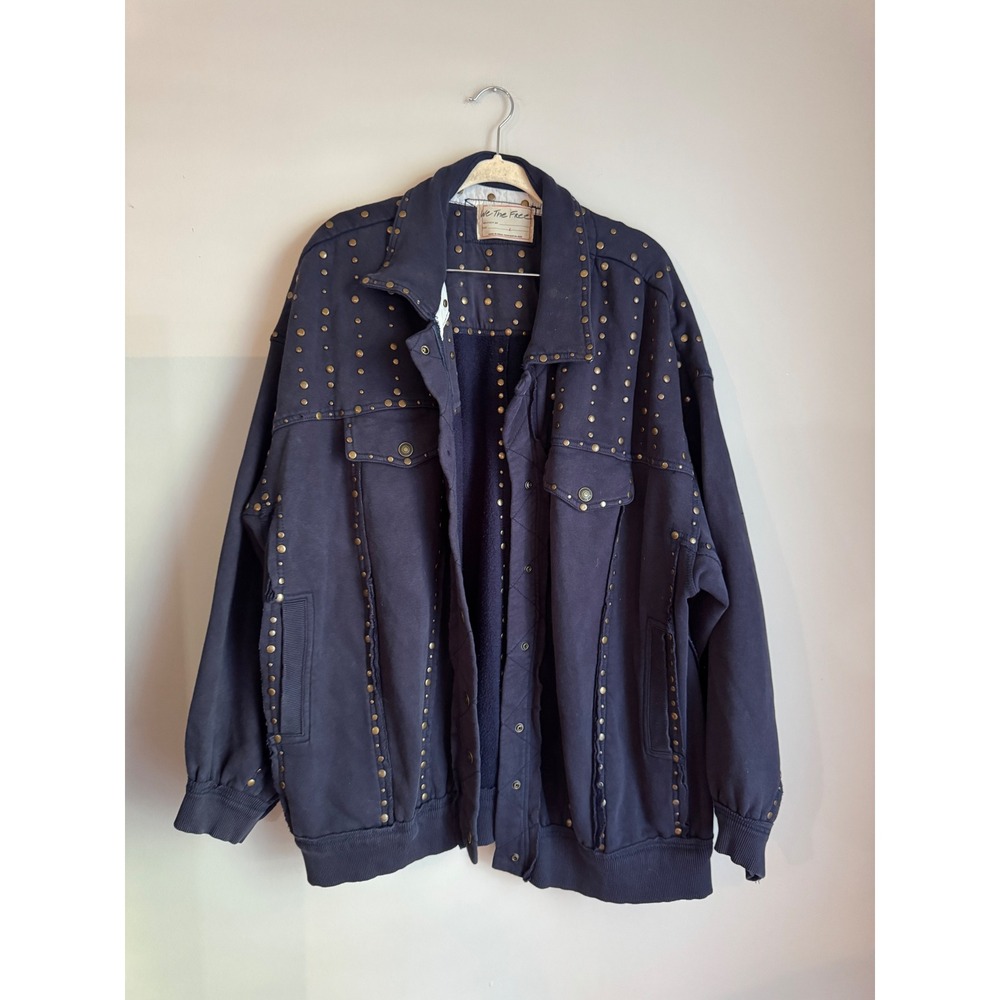 We The Free Free People Studded Bomber Jacket Navy Blue Oversized Large